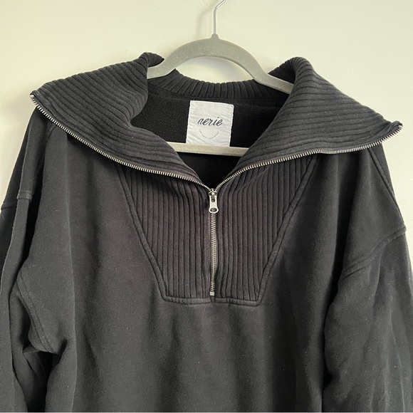 Aerie Down to Earth Soft Black Cotton Ribbed Quarter Zip Pullover Sweatshirt M - Picture 2 of 11